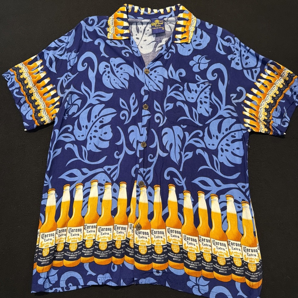Corona Extra Hawaiian Camp Blue & Gold Mens Button Down Hawaiian Style Mens XL